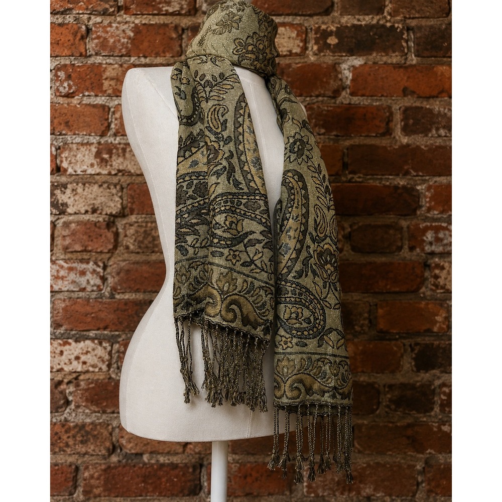 Gold Paisley Shawl Metallic Jacquard Fringe Wrap Scarf Boho Festival Gypsy Chic